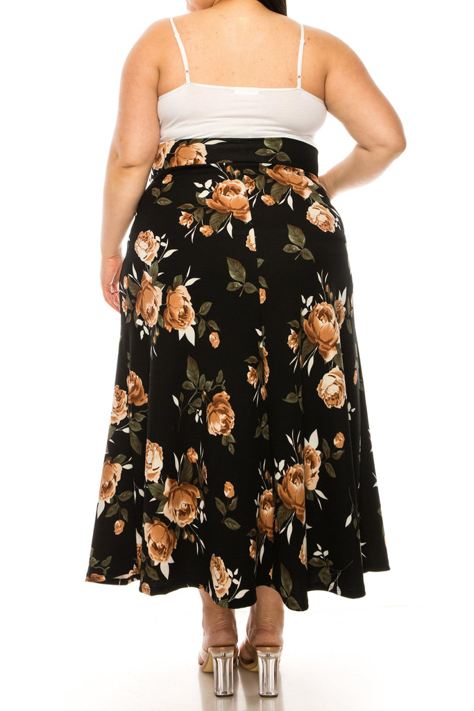 Women's Plus Size Floral Print Flare A-line Midi Skirt with Elastic Waistband FashionJOA