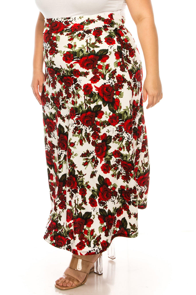 Women's Plus Size Floral Print Flare A-line Midi Skirt with Elastic Waistband FashionJOA