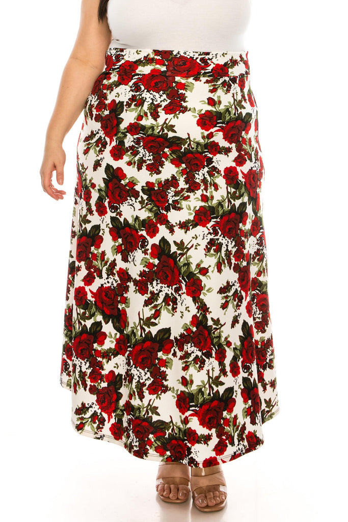 Women's Plus Size Floral Print Flare A-line Midi Skirt with Elastic Waistband FashionJOA