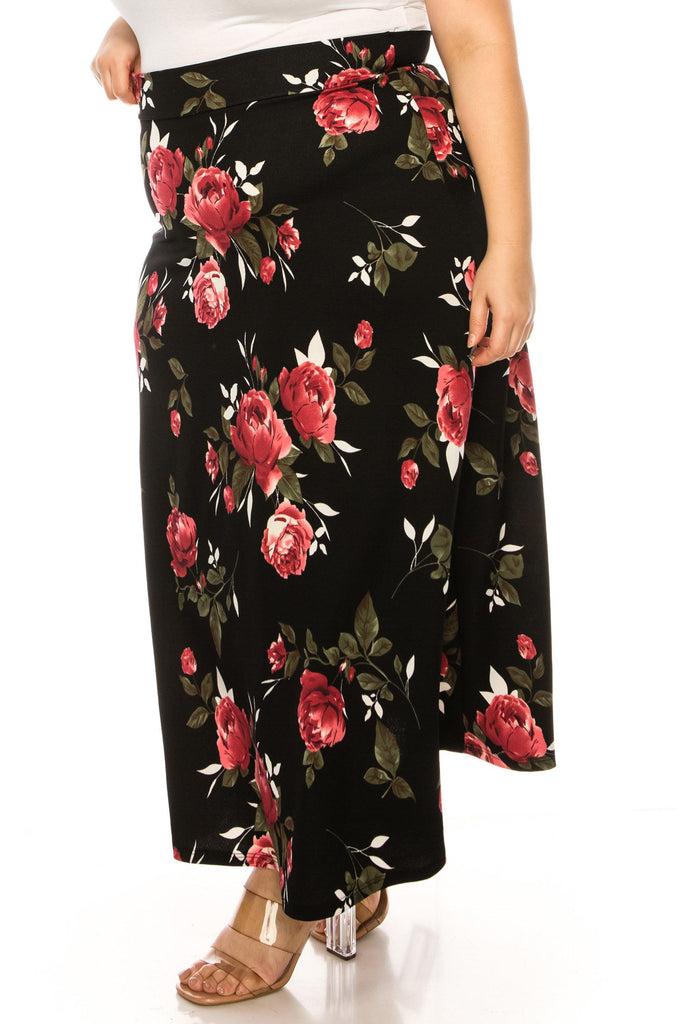 Women's Plus Size Floral Print Flare A-line Midi Skirt with Elastic Waistband FashionJOA