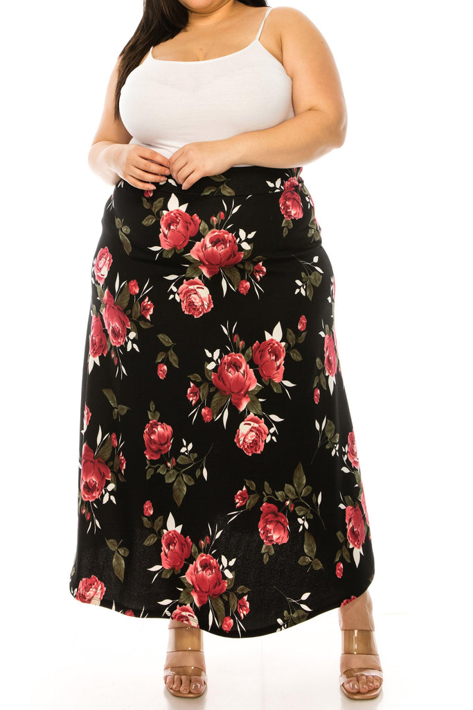 Women's Plus Size Floral Print Flare A-line Midi Skirt with Elastic Waistband FashionJOA