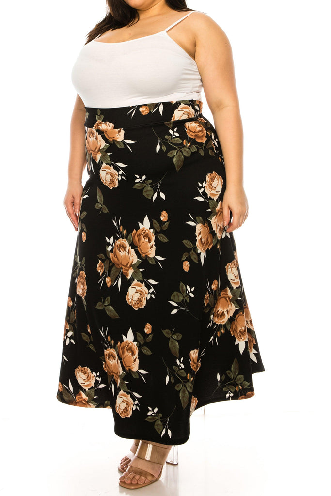 Women's Plus Size Floral Print Flare A-line Midi Skirt with Elastic Waistband FashionJOA