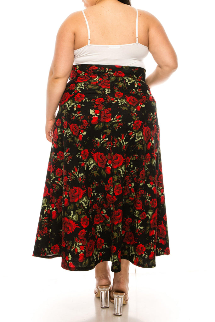 Women's Plus Size Floral Print Flare A-line Midi Skirt with Elastic Waistband FashionJOA