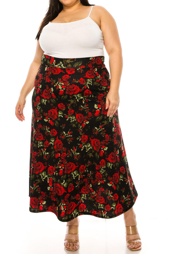 Women's Plus Size Floral Print Flare A-line Midi Skirt with Elastic Waistband FashionJOA