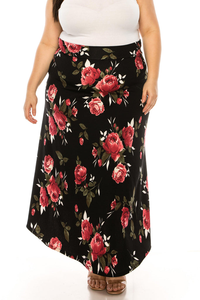 Women's Plus Size Floral Print Flare A-line Midi Skirt with Elastic Waistband FashionJOA