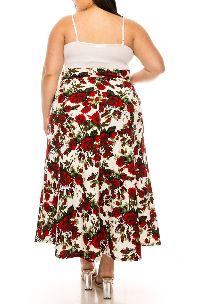 Women's Plus Size Floral Print Flare A-line Midi Skirt with Elastic Waistband FashionJOA