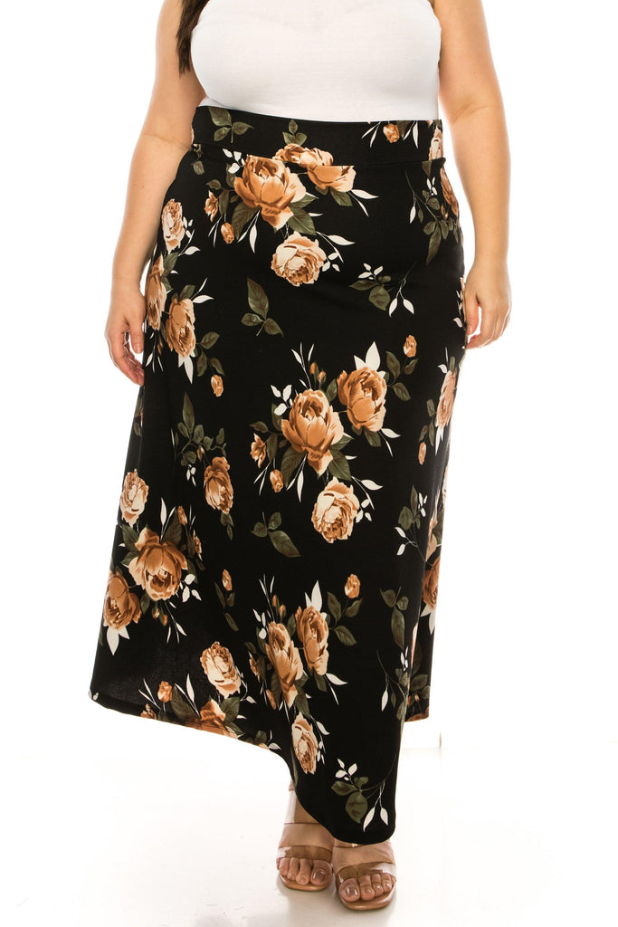 Women's Plus Size Floral Print Flare A-line Midi Skirt with Elastic Waistband FashionJOA