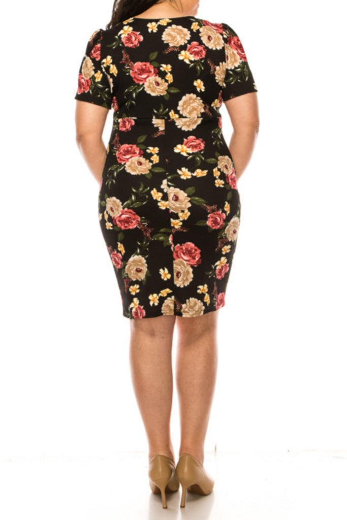 Women's Plus Size Floral Sheath Dress with Deep V-Neckline and Puff Sleeves FashionJOA