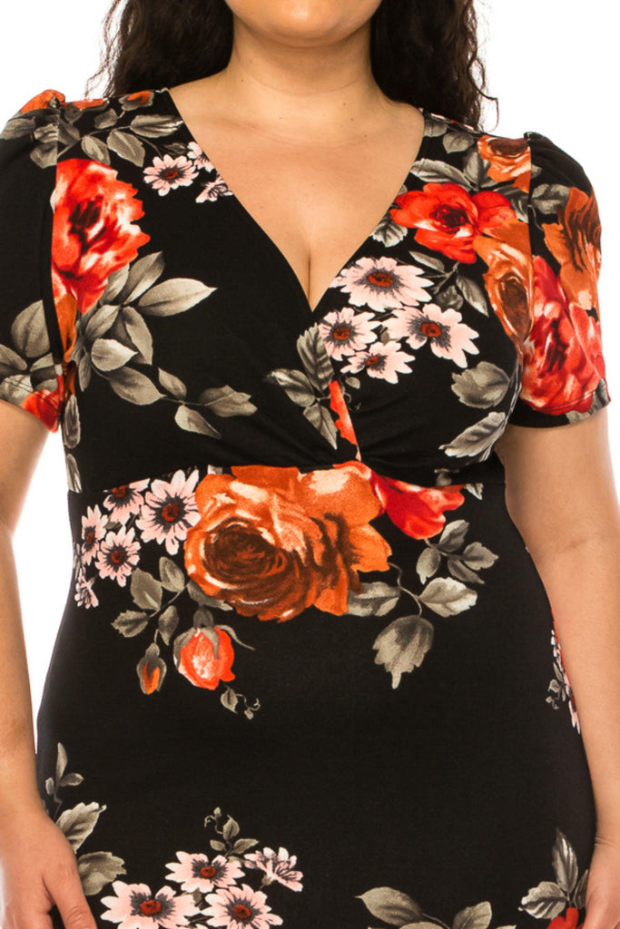 Women's Plus Size Floral Sheath Dress with Deep V-Neckline and Puff Sleeves FashionJOA