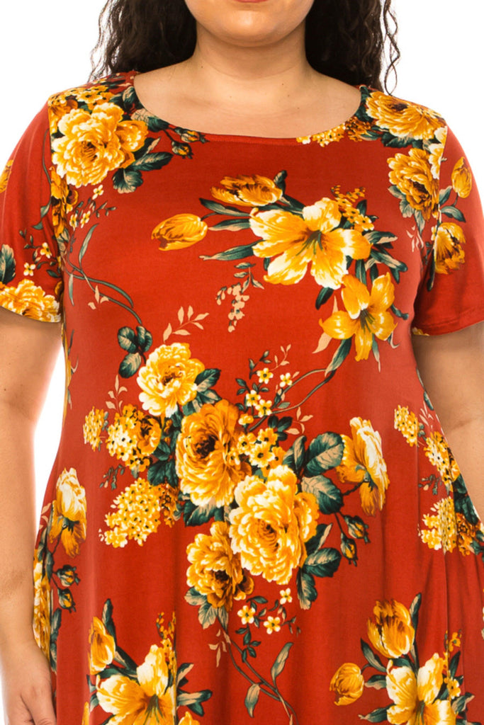 Women's Plus Size Floral Short Sleeve Dress with Round Neckline and Side Pockets FashionJOA