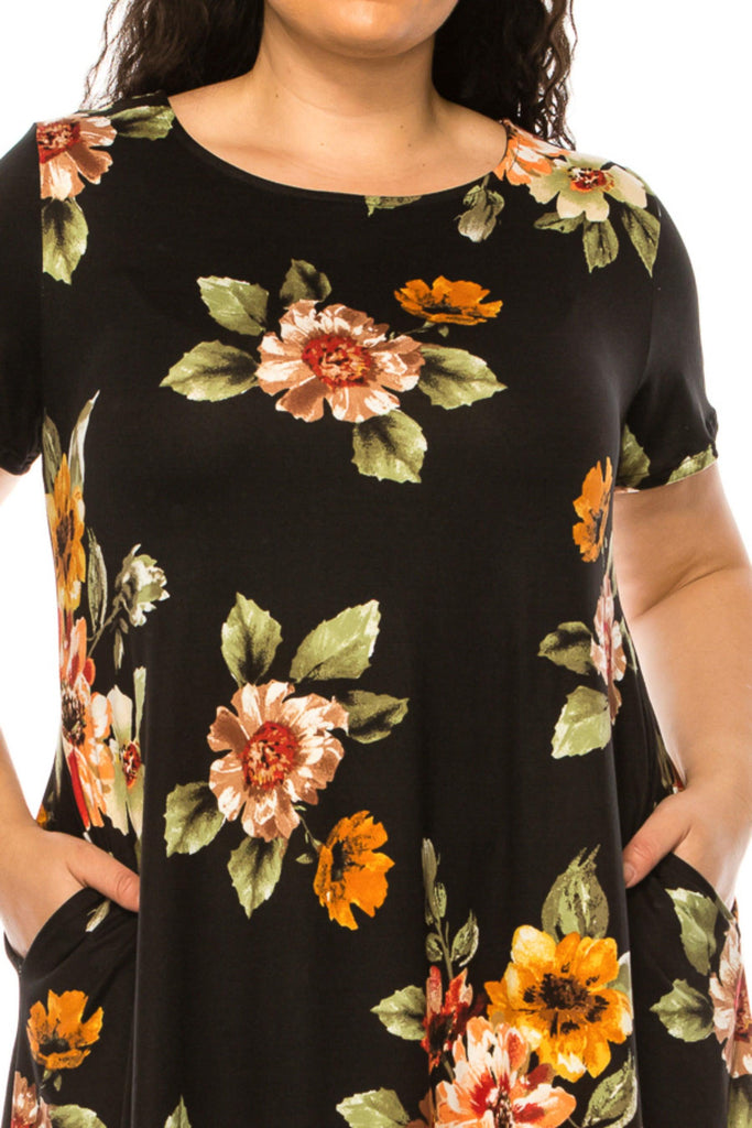 Women's Plus Size Floral Short Sleeve Dress with Round Neckline and Side Pockets FashionJOA