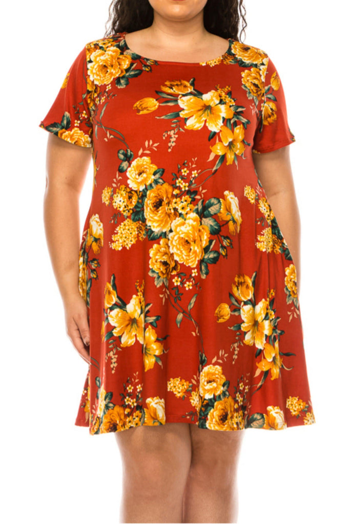 Women's Plus Size Floral Short Sleeve Dress with Round Neckline and Side Pockets FashionJOA