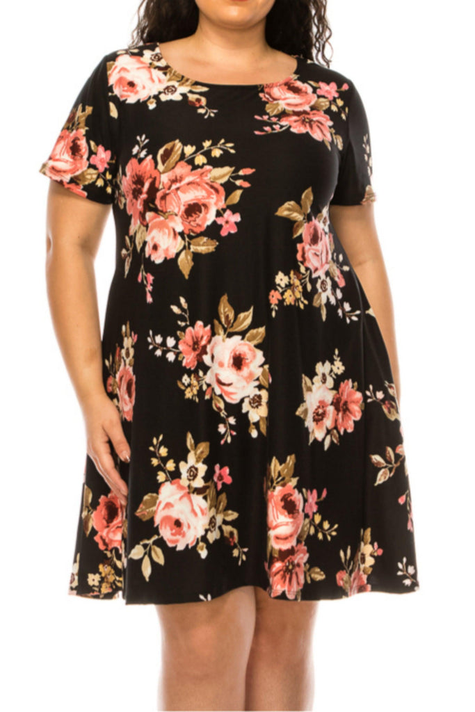 Women's Plus Size Floral Short Sleeve Dress with Round Neckline and Side Pockets FashionJOA