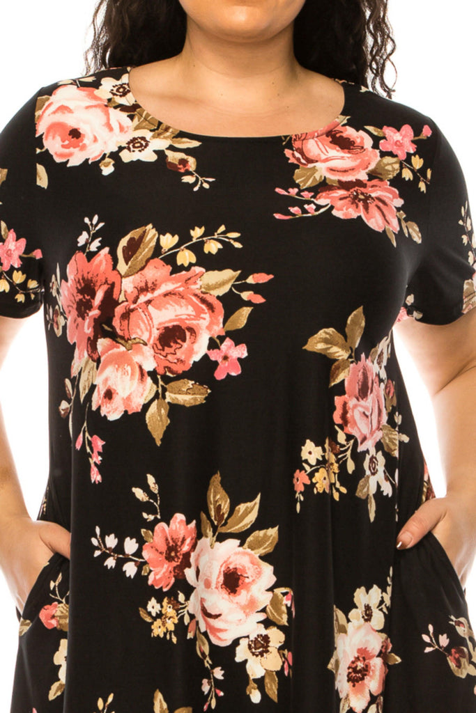 Women's Plus Size Floral Short Sleeve Dress with Round Neckline and Side Pockets FashionJOA