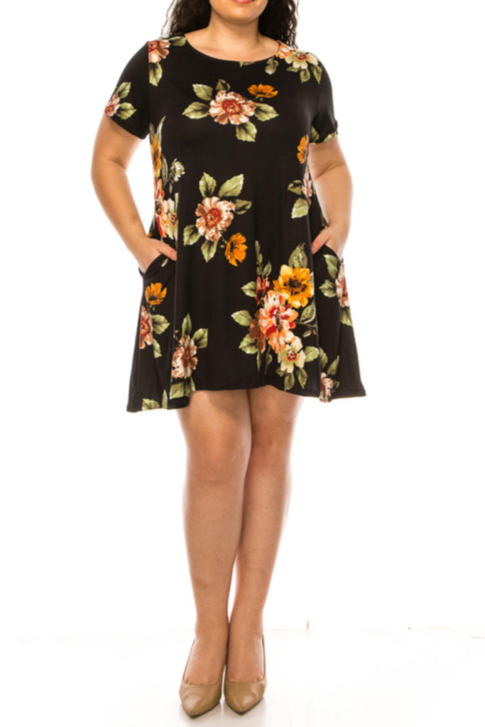 Women's Plus Size Floral Short Sleeve Dress with Round Neckline and Side Pockets FashionJOA