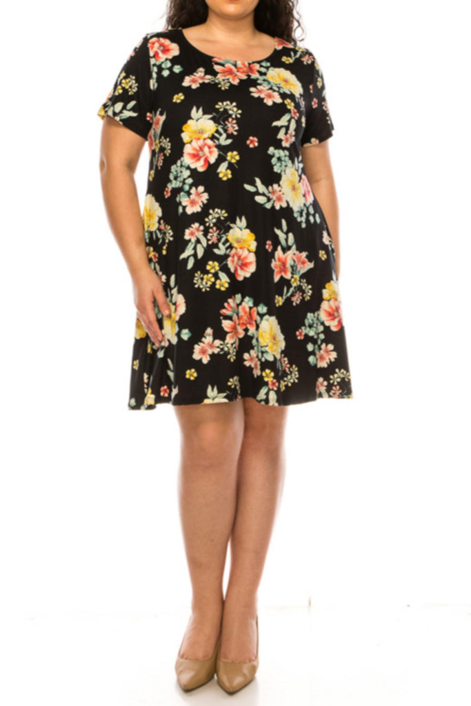 Women's Plus Size Floral Short Sleeve Dress with Round Neckline and Side Pockets FashionJOA