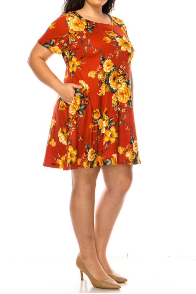 Women's Plus Size Floral Short Sleeve Dress with Round Neckline and Side Pockets FashionJOA