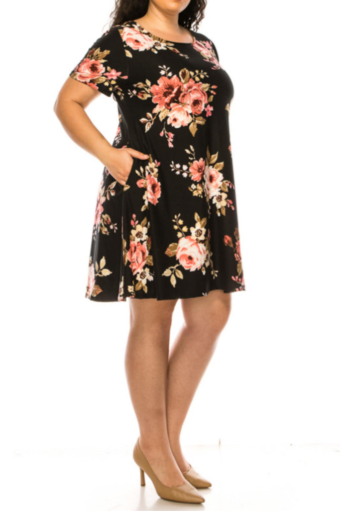 Women's Plus Size Floral Short Sleeve Dress with Round Neckline and Side Pockets FashionJOA