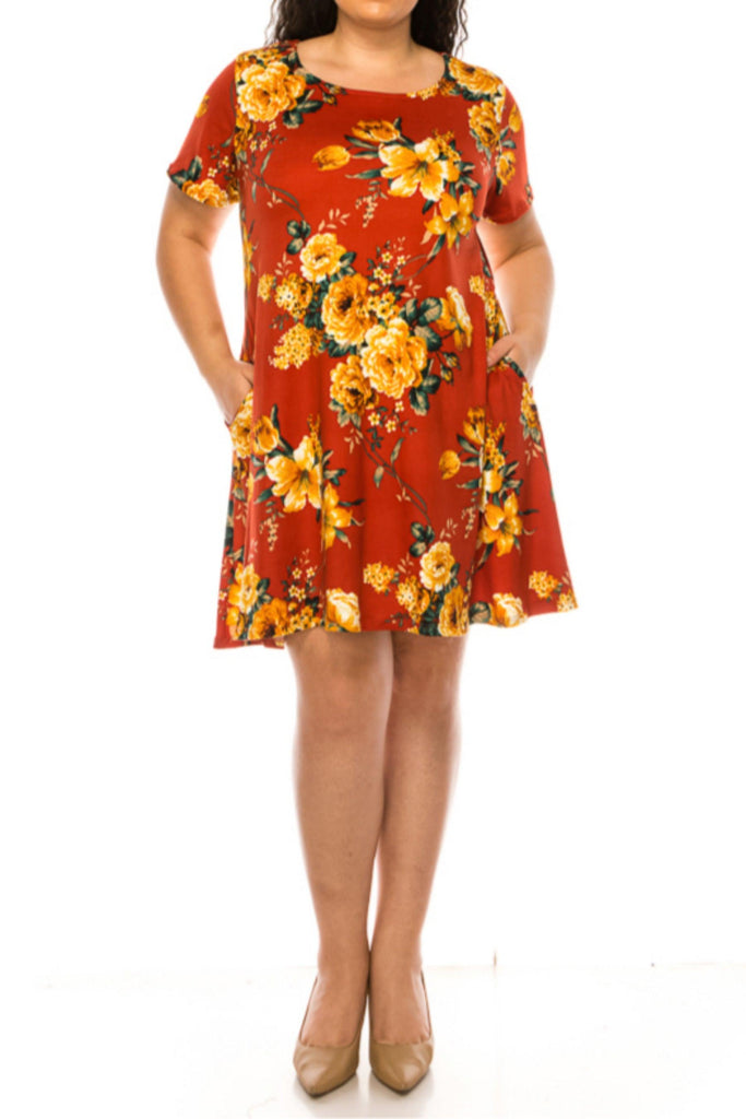 Women's Plus Size Floral Short Sleeve Dress with Round Neckline and Side Pockets FashionJOA