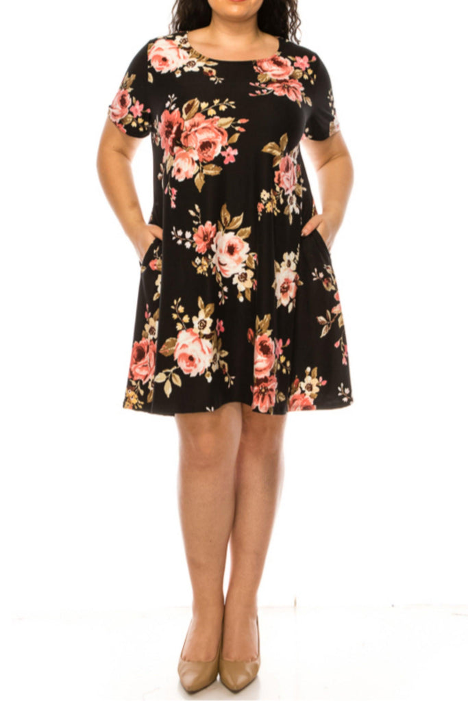 Women's Plus Size Floral Short Sleeve Dress with Round Neckline and Side Pockets FashionJOA