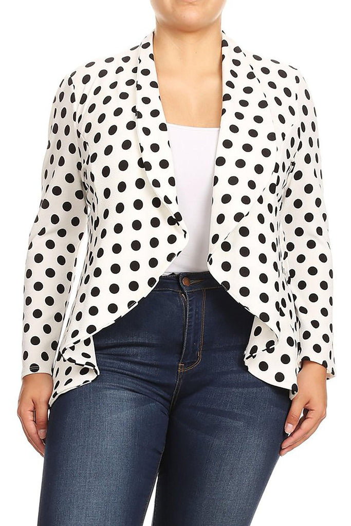 Women's Plus Size Polka Dot Long Sleeves Open Front Business Blazer FashionJOA
