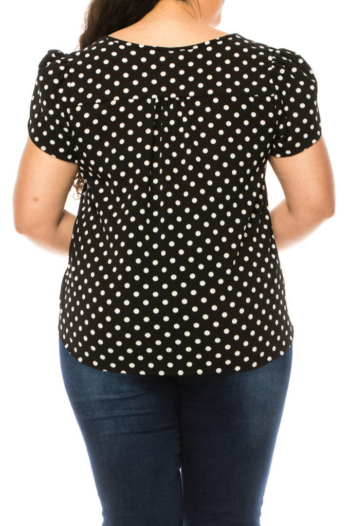 Women's Plus Size Polka Dot Overlapping Short Sleeve Ribbon Accent Top FashionJOA