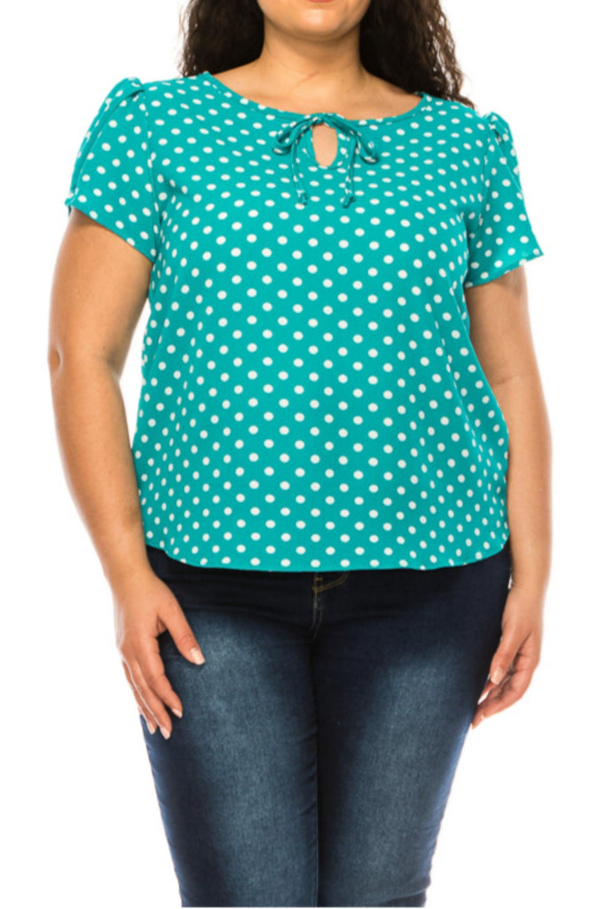 Women's Plus Size Polka Dot Overlapping Short Sleeve Ribbon Accent Top FashionJOA