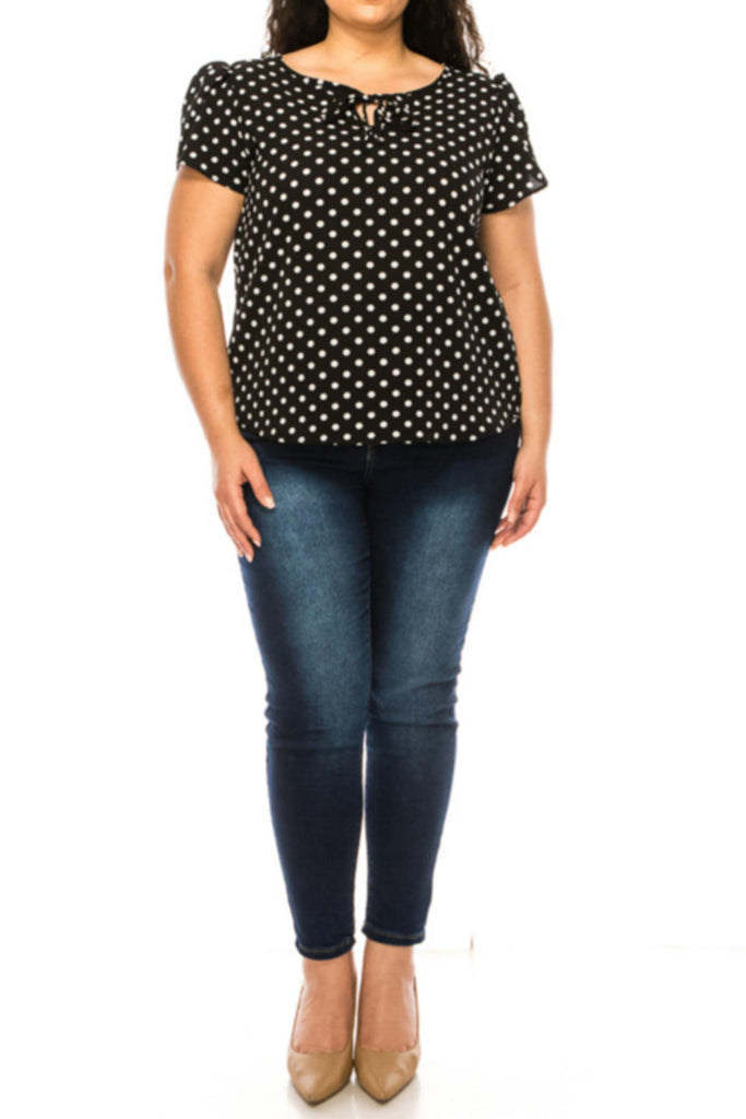 Women's Plus Size Polka Dot Overlapping Short Sleeve Ribbon Accent Top FashionJOA