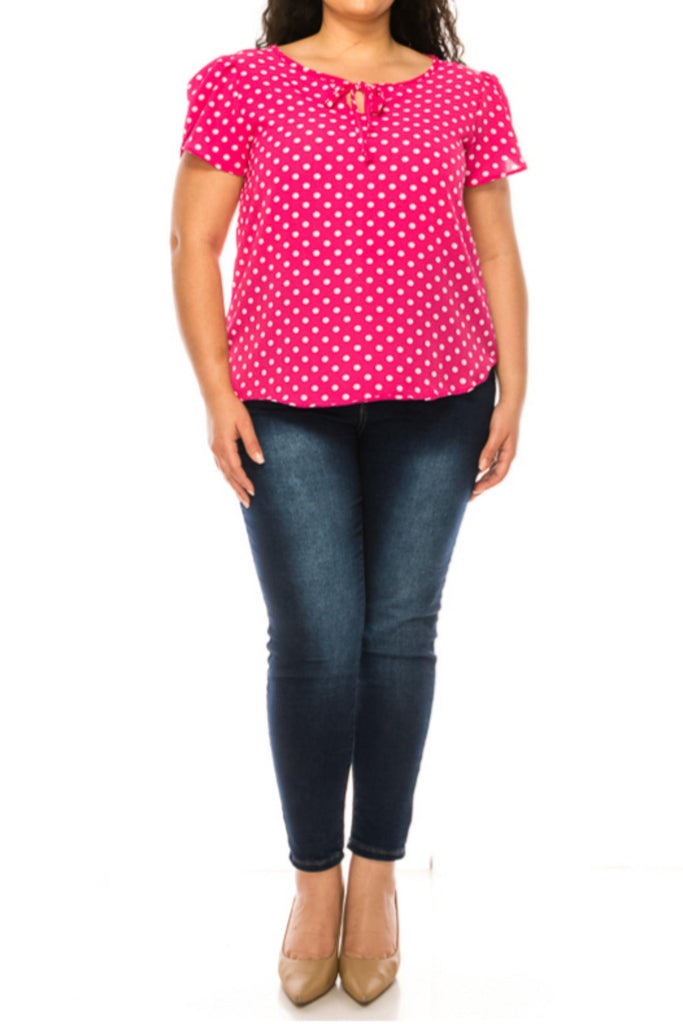 Women's Plus Size Polka Dot Overlapping Short Sleeve Ribbon Accent Top FashionJOA