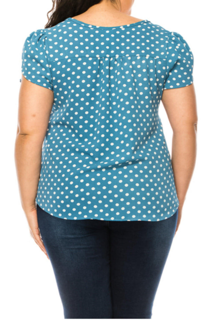 Women's Plus Size Polka Dot Overlapping Short Sleeve Ribbon Accent Top FashionJOA