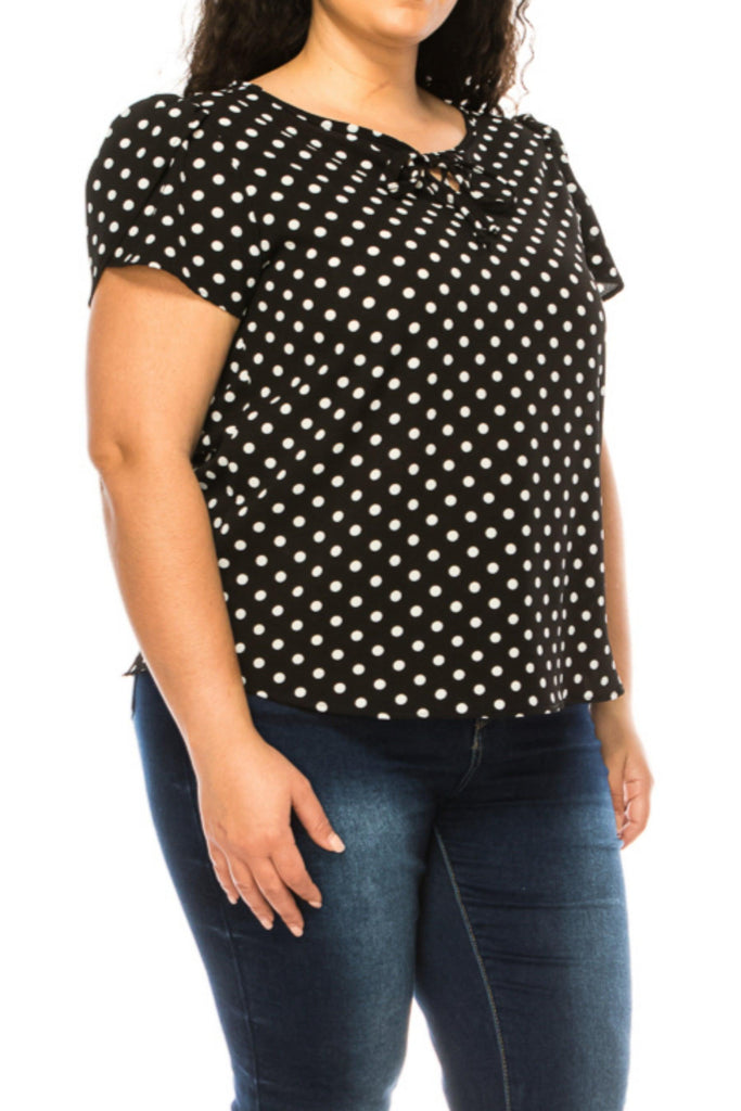 Women's Plus Size Polka Dot Overlapping Short Sleeve Ribbon Accent Top FashionJOA