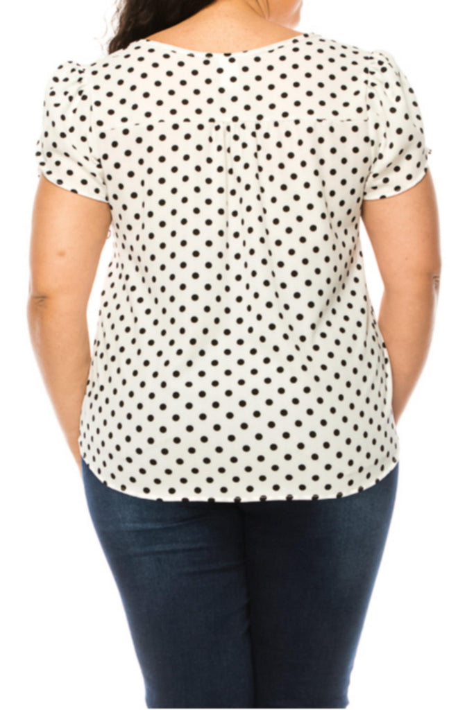 Women's Plus Size Polka Dot Overlapping Short Sleeve Ribbon Accent Top FashionJOA