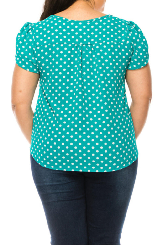 Women's Plus Size Polka Dot Overlapping Short Sleeve Ribbon Accent Top FashionJOA