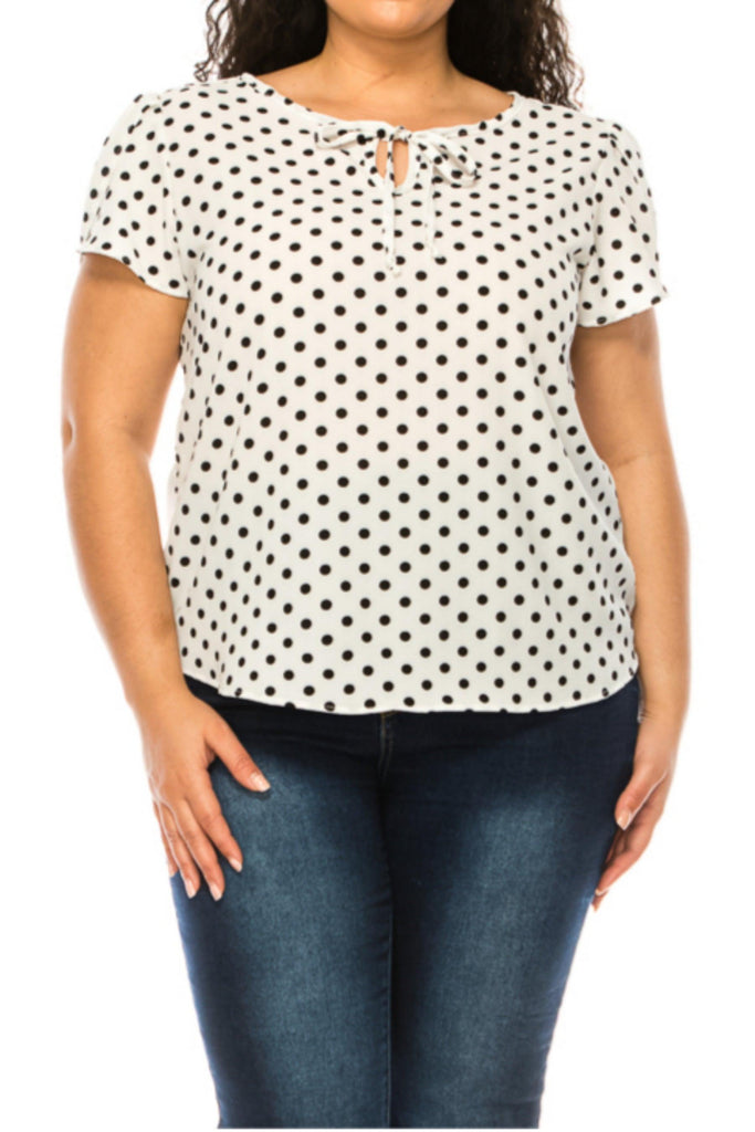Women's Plus Size Polka Dot Overlapping Short Sleeve Ribbon Accent Top FashionJOA