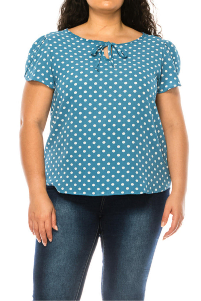 Women's Plus Size Polka Dot Overlapping Short Sleeve Ribbon Accent Top FashionJOA