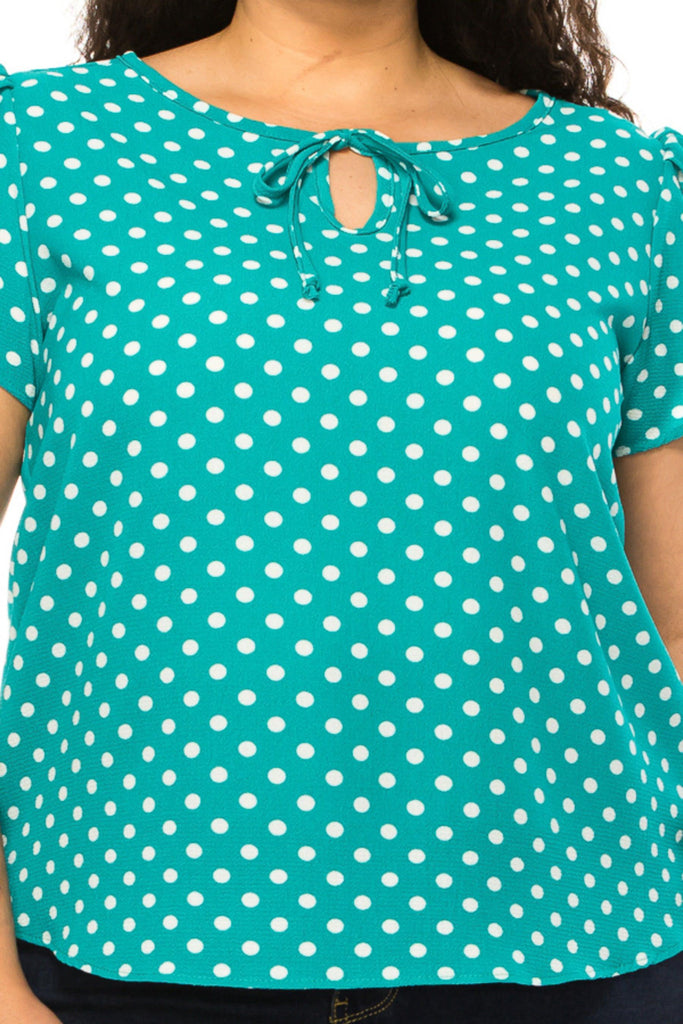Women's Plus Size Polka Dot Overlapping Short Sleeve Ribbon Accent Top FashionJOA