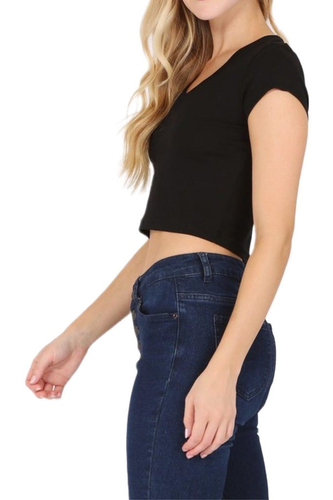 Women's Plus Size Short Sleeve Stretch V-Neck Crop Top T-Shirt FashionJOA