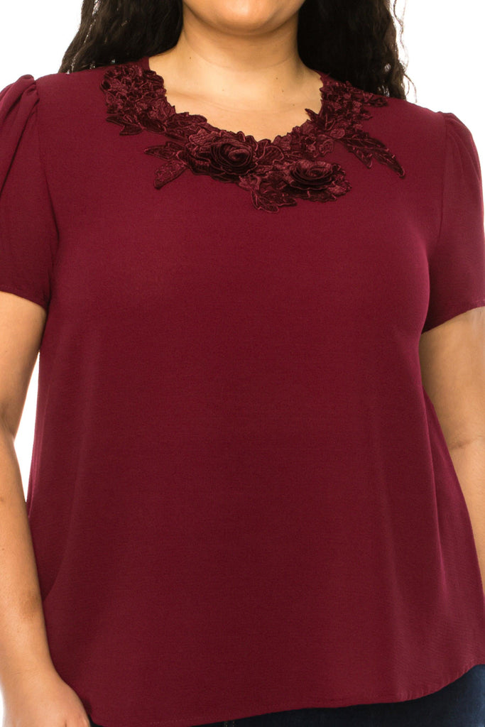 Women's Plus Size Short Sleeve Top with Puff Sleeves Lace Accent Round Neck FashionJOA