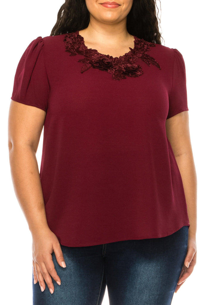 Women's Plus Size Short Sleeve Top with Puff Sleeves Lace Accent Round Neck FashionJOA