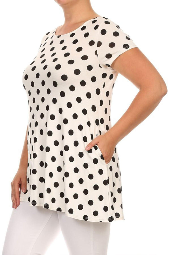 Women's Plus Size Side Pockets Polka Dot Short Sleeves Relaxed Tunic Top FashionJOA