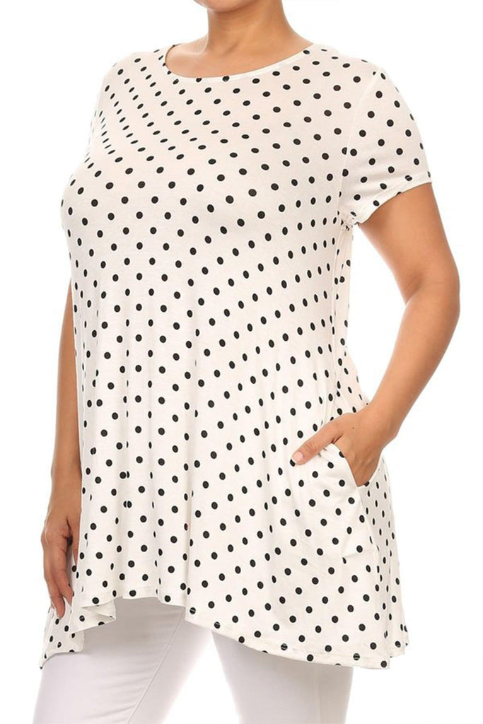 Women's Plus Size Side Pockets Polka Dot Short Sleeves Relaxed Tunic Top FashionJOA