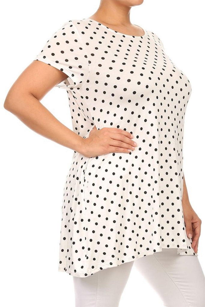 Women's Plus Size Side Pockets Polka Dot Short Sleeves Relaxed Tunic Top FashionJOA