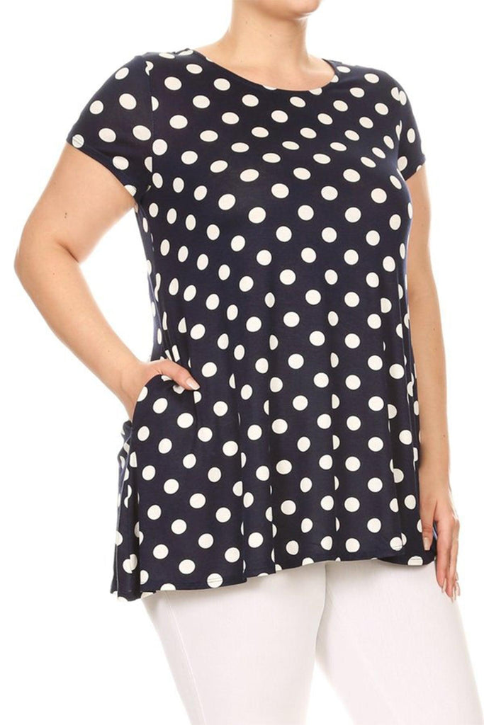 Women's Plus Size Side Pockets Polka Dot Short Sleeves Relaxed Tunic Top FashionJOA