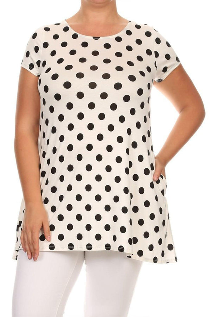 Women's Plus Size Side Pockets Polka Dot Short Sleeves Relaxed Tunic Top FashionJOA