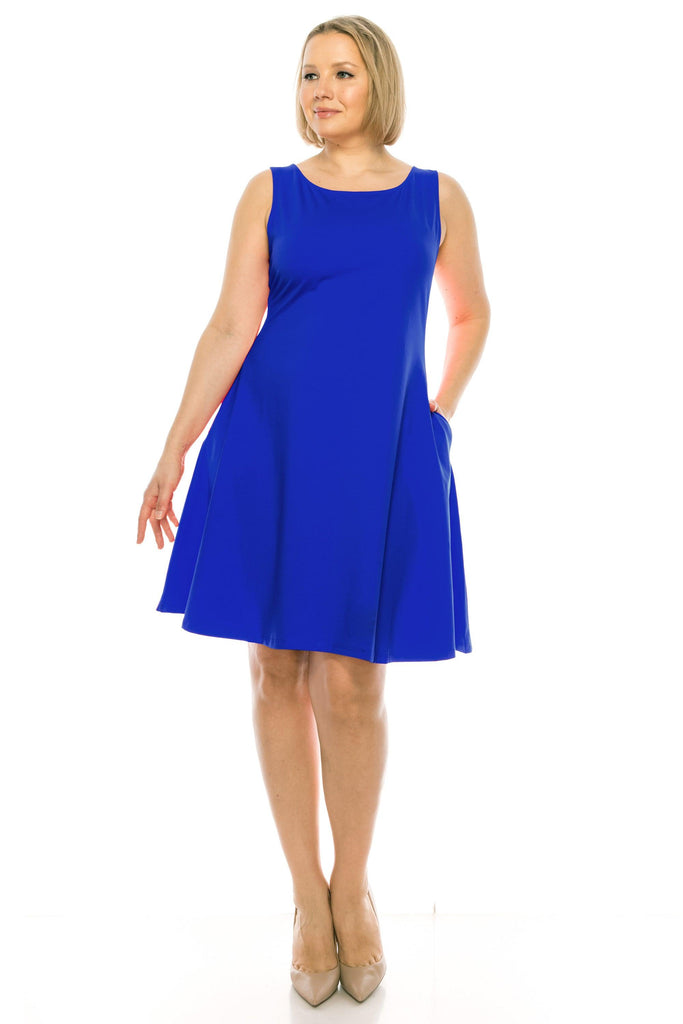 Women's Plus Size Sleeveless A-Line Midi Dress with Pockets FashionJOA