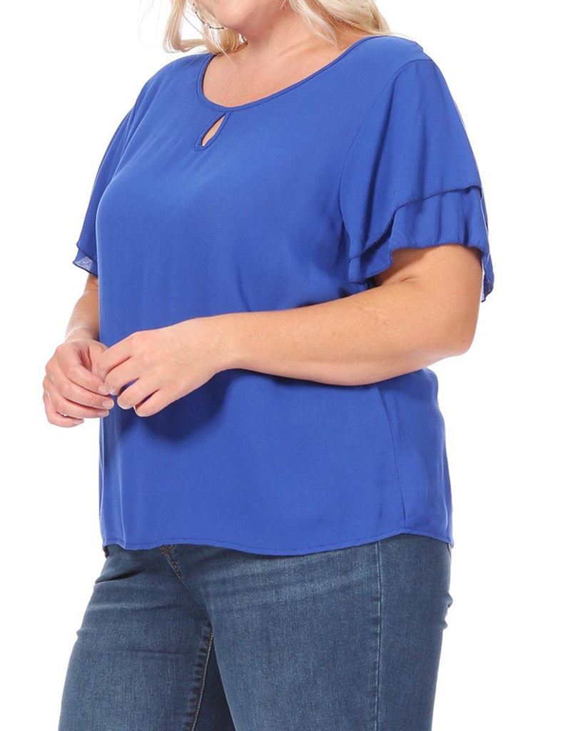 Women's Plus Size Solid Flowy Short Flutter Sleeve Key Hole Blouse FashionJOA