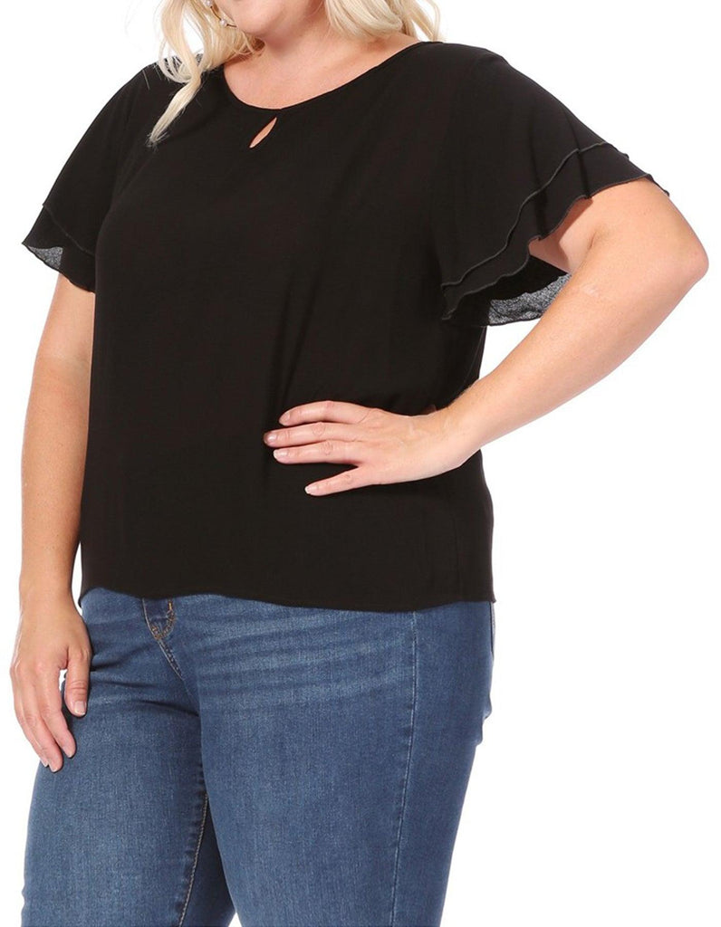 Women's Plus Size Solid Flowy Short Flutter Sleeve Key Hole Blouse FashionJOA