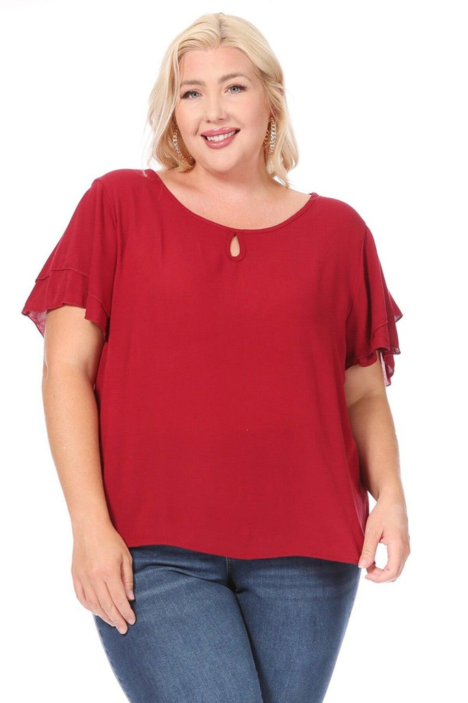 Women's Plus Size Solid Flowy Short Flutter Sleeve Key Hole Blouse FashionJOA