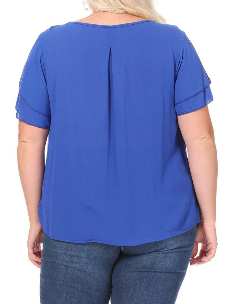 Women's Plus Size Solid Flowy Short Flutter Sleeve Key Hole Blouse FashionJOA