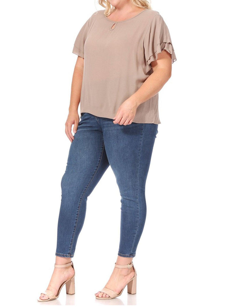 Women's Plus Size Solid Flowy Short Flutter Sleeve Key Hole Blouse FashionJOA